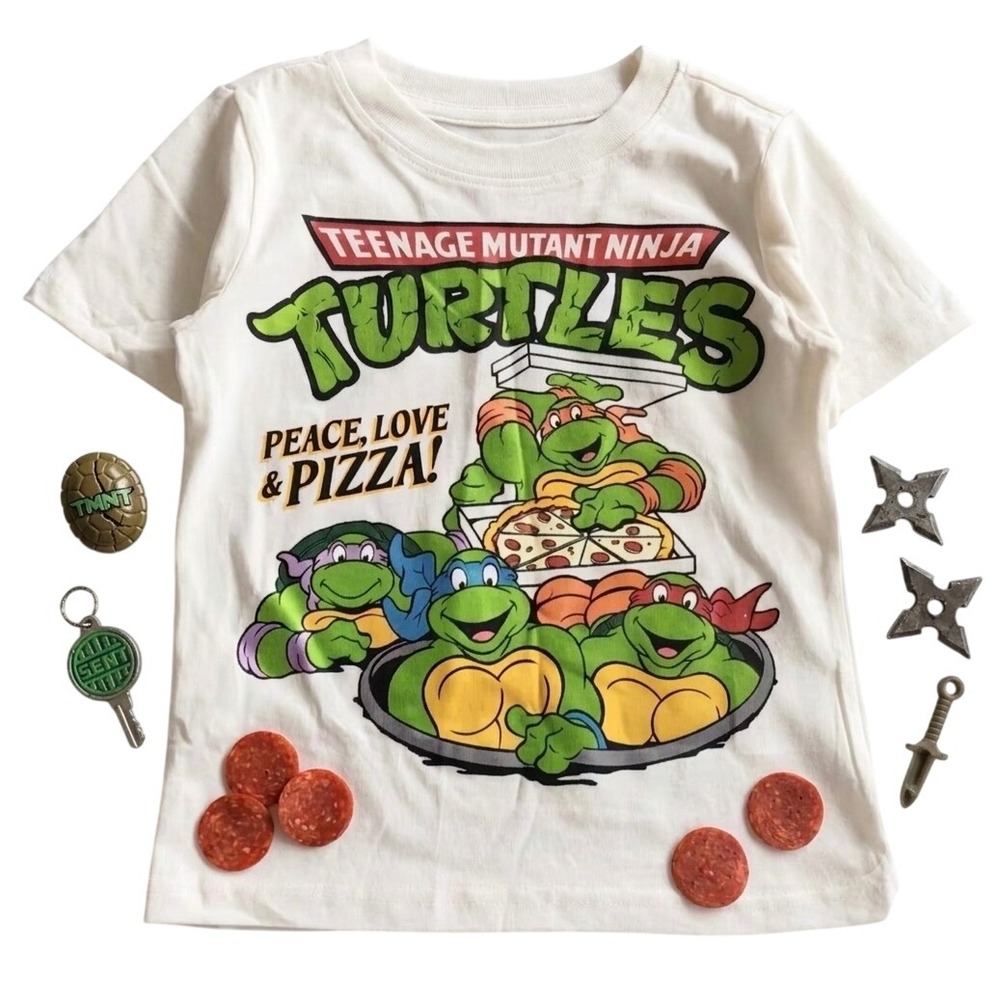 TMNT Graphic Tee Womens Small Cream Excellent Peace Love Pizza Shirt